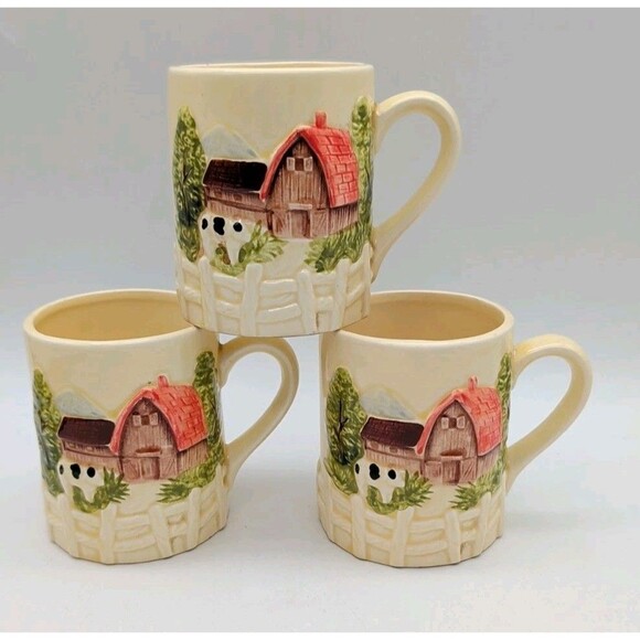 Vintage Marks Rosenfeld Cottage Core Coffee Cups 3D Farmhouse Barn 3 1/2" Tall - Picture 1 of 8